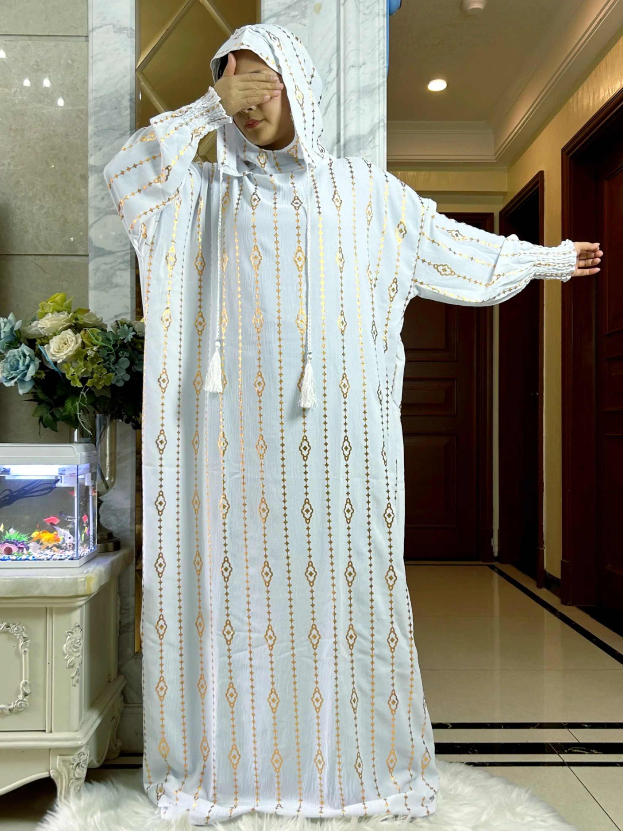 2025 coton tissu Ramadan musulman deux chapeaux Abaya dubaï turquie Islam vêtements de prière or poussière robe Islam femmes robe caftan