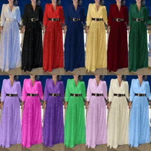 Chemise élégante amincissante à manches longues et col en V avec ceinture et pantalons à jambes larges brillants, vêtements décontractés à la mode pour femmes, Sp… Chemise élégante amincissante à manches longues et col en V avec ceinture et pantalons à jambes larges brillants, vêtements décontractés à la mode pour femmes, Sp…