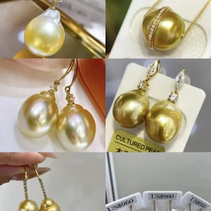 Ensemble d&rsquo;or de lecture personnalisé 14K/18K, bijoux en perles baroques dorées de la mer du sud, diamant véritable sur mesure, un de genre, bijoux très fins