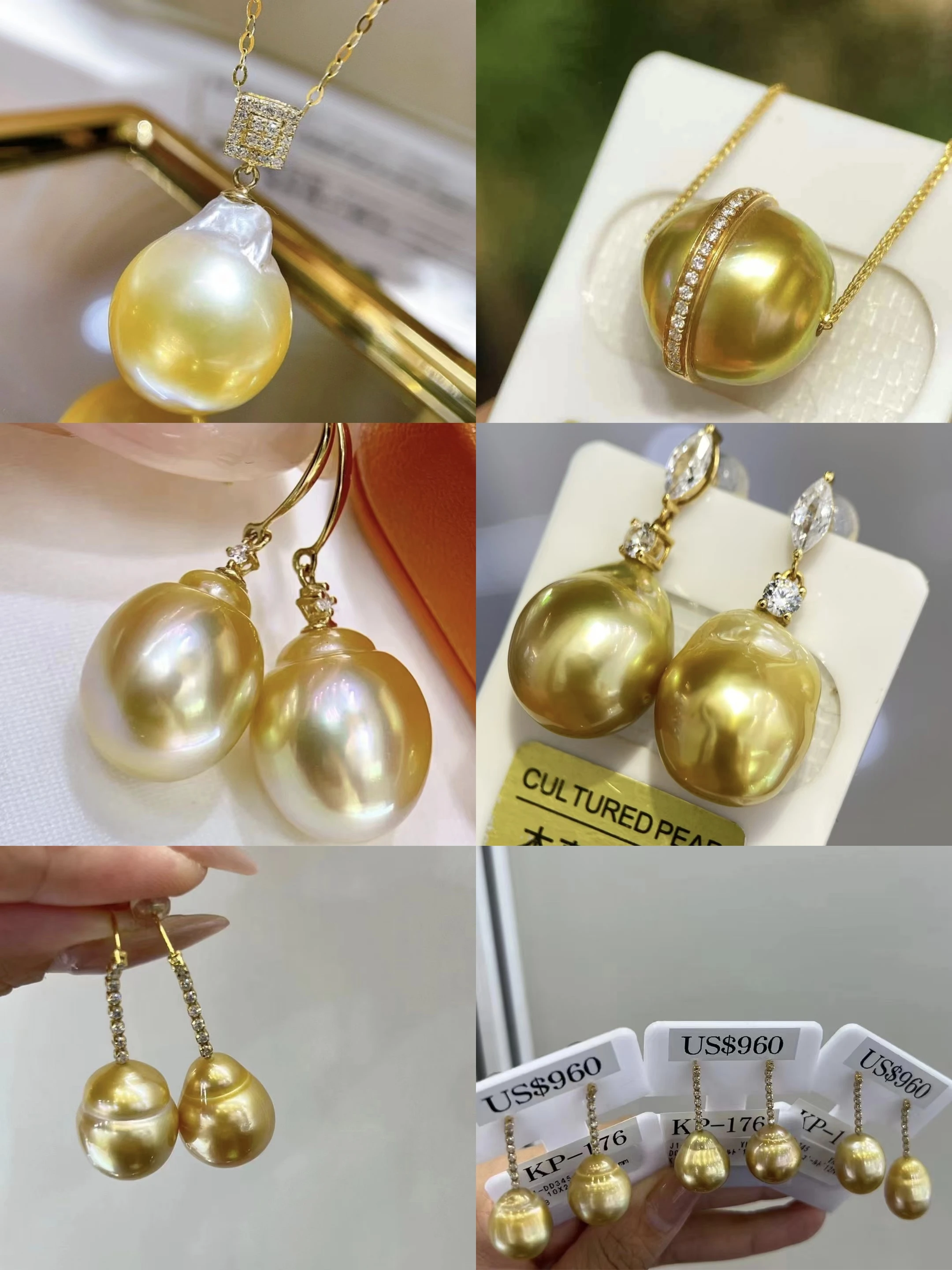 Ensemble d'or de lecture personnalisé 14K/18K, bijoux en perles baroques dorées de la mer du sud, diamant véritable sur mesure, un de genre, bijoux très fins