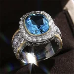 Bagues magnifiques couleur argent pour femmes, grande pierre bleu ciel, Design bicolore, bijoux nobles, cadeau d&rsquo;anniversaire