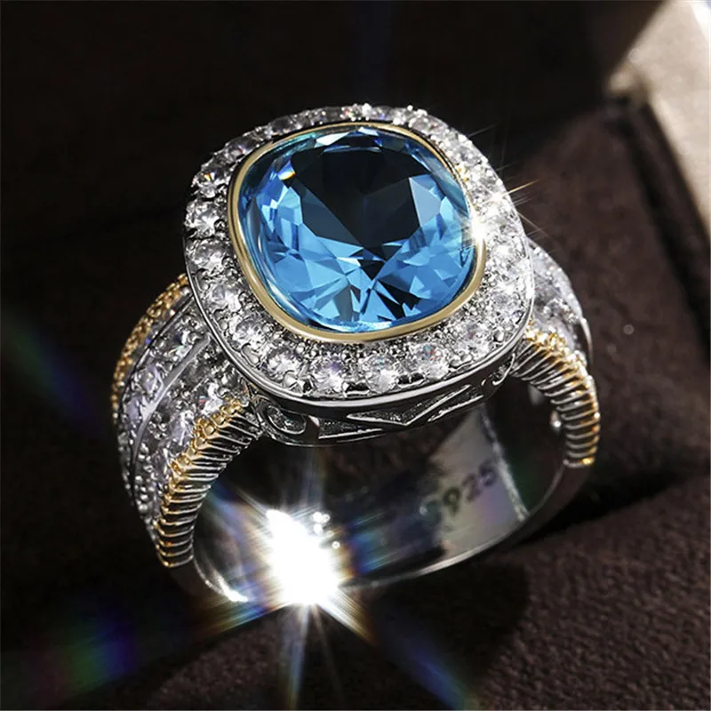 Bagues magnifiques couleur argent pour femmes, grande pierre bleu ciel, Design bicolore, bijoux nobles, cadeau d'anniversaire