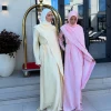 abaya – ensemble hijab en satin élégant, robe maxi avec ceinture, manches longues, robe de soirée formelle pour femmes, couleur unie, robes de festival, tenue