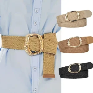 Ceinture tissée élastique en paille pour femmes, ceintures d&rsquo;été à boucle ardillon, larges ceintures tressées, ceinture bohème à la mode, ceinture élastique en paille PP