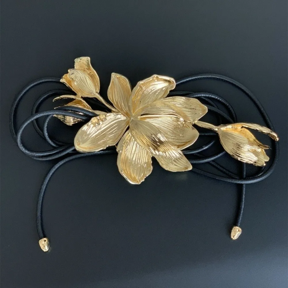 Longue ceinture tulipe dorée réglable, Vintage, alliage métallique, fleur, chaîne de taille, argent, ceinture exagérée, cadeau