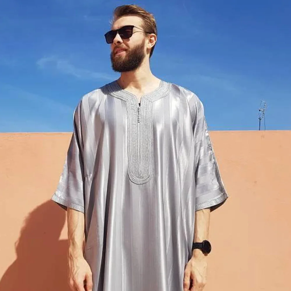 abaya musulman pour hommes, vêtements islamiques brodés à rayures, jubba thobe, caftan marocain de dubaï, robe de prière eid, nouvelle collection 2025