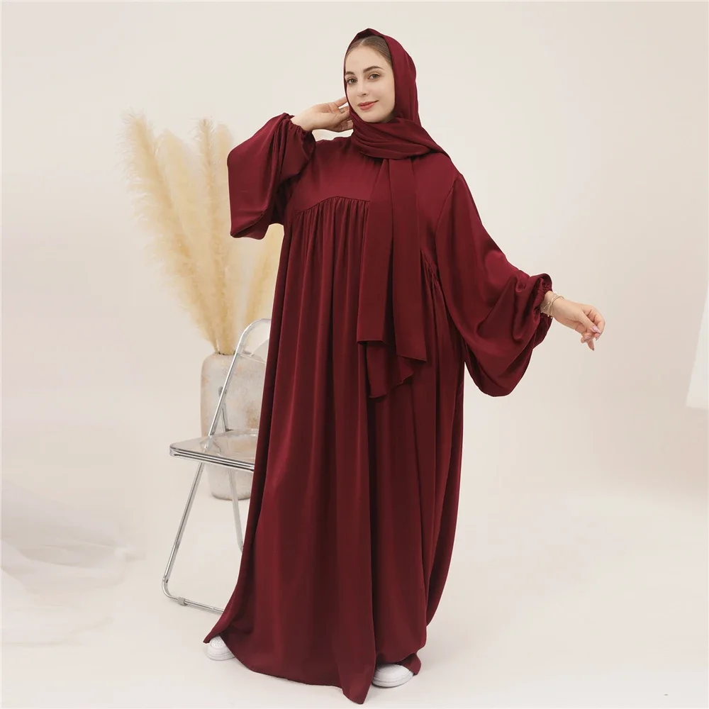 abaya robe longue musulmane unie pour femmes, manches ballon eid, robe islamique avec écharpe, robes africaines, dubaï, caftan de modestie turque