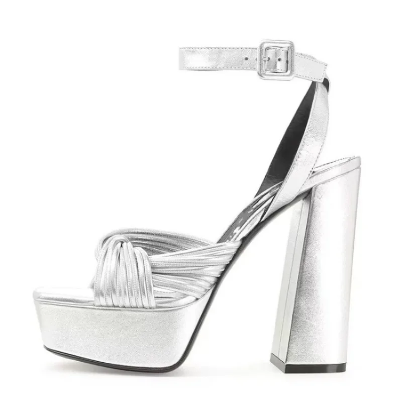 Sandales argentées de style minimaliste européen et américain pour femmes, chaussures d'été imperméables, plate-forme droite, ceinture, talon strucoptique, chaussures simples