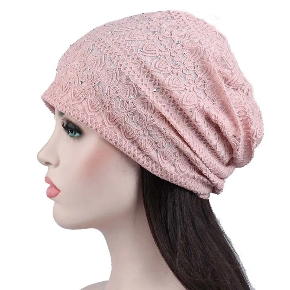 bonnet en dentelle douce et décontractée avec strass, style ethnique, chaud, confortable et respirant, turban hijab pour l'extérieur