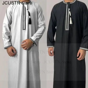 Hommes musulmans à manches longues Robe pull Aman Abaya Jubba Thobe pour hommes saoudien arabe caftan Islam vêtements Rayer Robe Afghan mâle