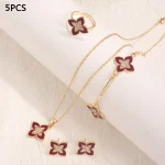 Ensemble de bijoux à quatre feuilles pour femmes, diamant intégré à la mode, collier élégant, bague, boucles d&rsquo;oreilles, accessoire à main, Design haut de gamme