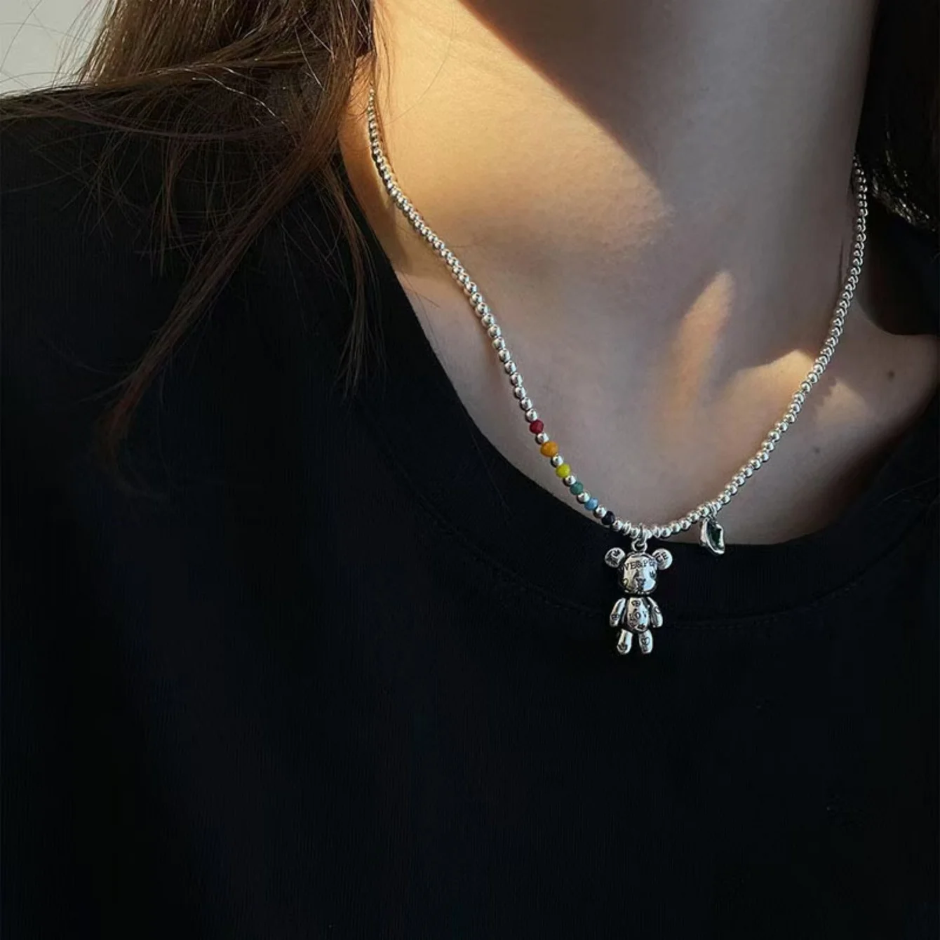 Collier couleur argent, Bracelet à breloques, bijoux de perles rondes colorées, Design ours mignon, pendentif en Zircon, bijoux de fête sl208