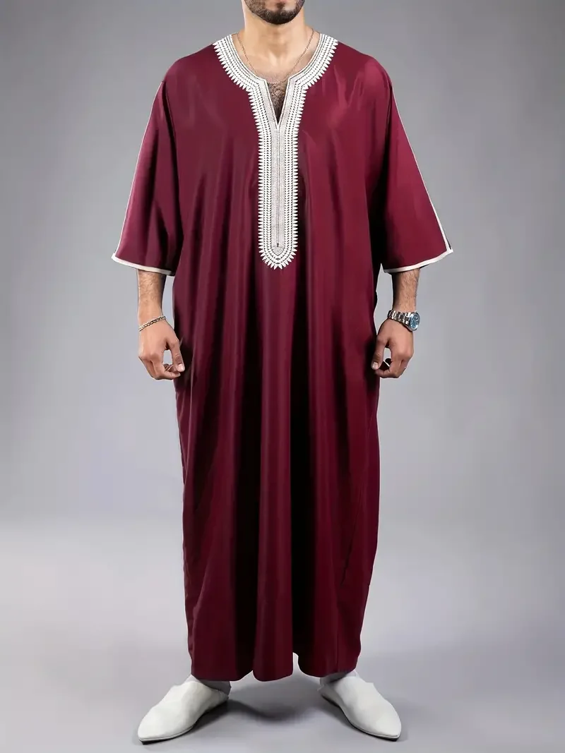 Été 2025 caftan musulman hommes à manches courtes brodé ample robe décontractée respirant islamique abaya pour hommes