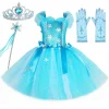 Costume Elsa à paillettes pour filles, déguisement de princesse pour Halloween, noël, fête d&rsquo;anniversaire, reine des neiges, robe Tutu en Tulle, robe de bal