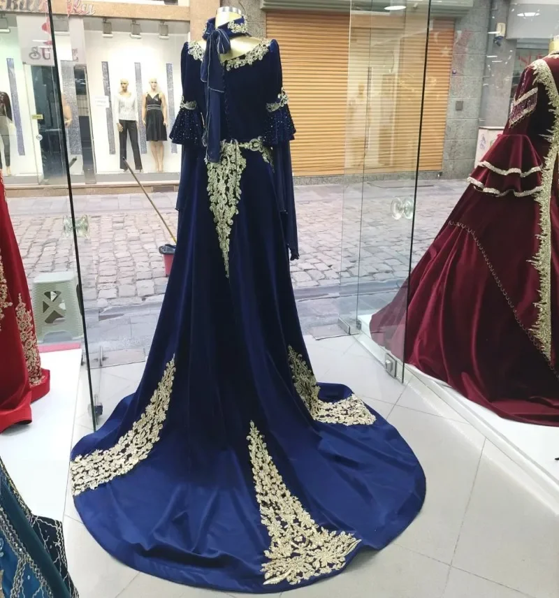 caftan marocain bleu caftan robes de soirée musulmanes a ligne manches longues appliques dubaï arabe abaya robe islamique personnalisée