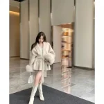 Manteau en laine gris avec cravate à la taille pour femme, manteau Cape ample à manches longues, haut de gamme, mi-long, nouvelle collection automne et hiver 2024