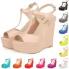 sandales à talons compensés pour femmes, escarpins à plateforme en cuir verni, bout ouvert de 14cm, lanière à la cheville, sexy, chaussures de fête et de mariage, nouvelle collection été 2025