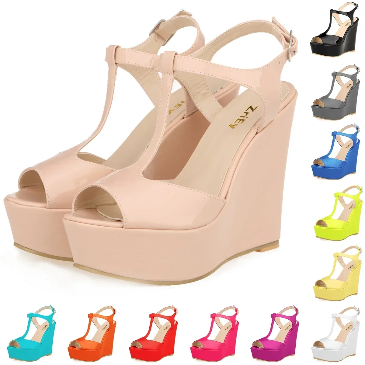 sandales à talons compensés pour femmes, escarpins à plateforme en cuir verni, bout ouvert de 14cm, lanière à la cheville, sexy, chaussures de fête et de mariage, nouvelle collection été 2025