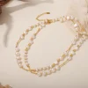 collier de perles d'eau douce de luxe pour femme, acier inoxydable, clavicule, long josweater, lien, breloque, banquet, bijoux, cadeau