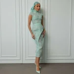 Haute Couture menthe dentelle robes de soirée conception Unique col haut mancherons bal robe mi-longue élégance robes de soirée formelles événement