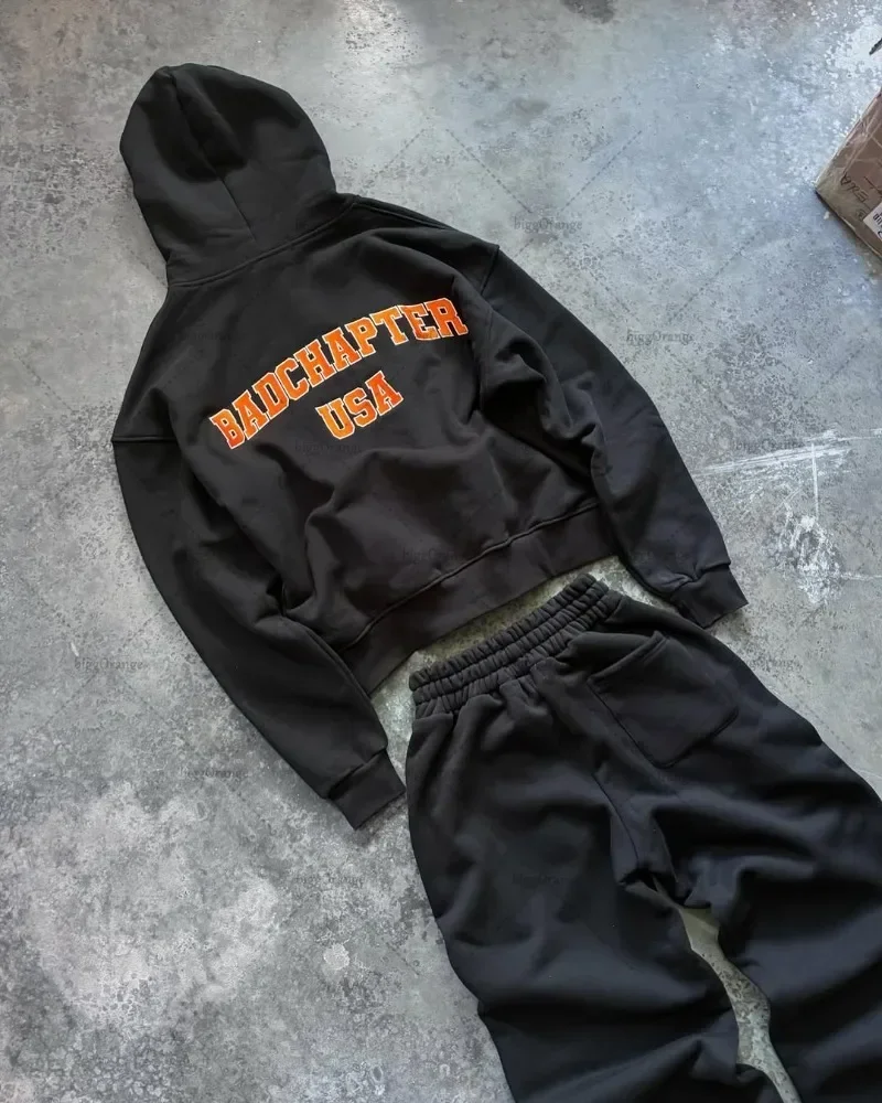 sweat à capuche pour hommes, style hip hop américain, décontracté, harajuku, rétro, mode, vêtements de rue, pantalon, classique, lettre imprimée, ensemble avec fermeture éclair