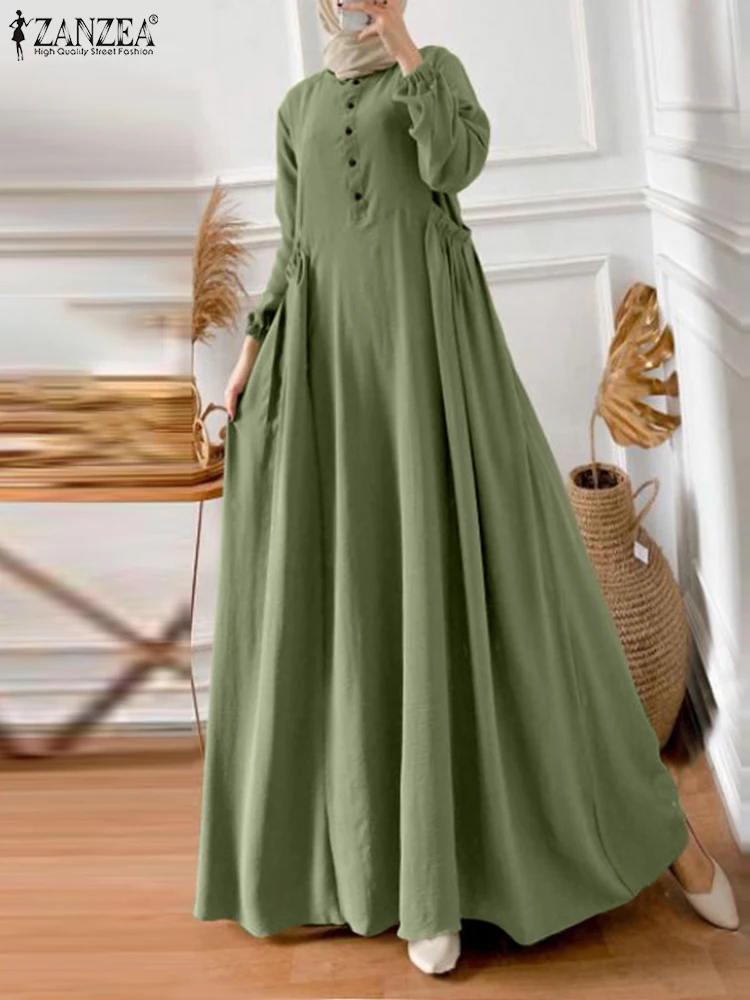 mode élégante automne maxi robes zanzea femmes 2025 à manches longues solide robe d'été islamique robe musulmane abaya robe une ligne robes