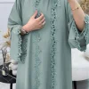 Abaya vert élégant de Dubaï pour femmes musulmanes – Intrument conçu avec une pièce de broderie multicolore en mode modeste islamique