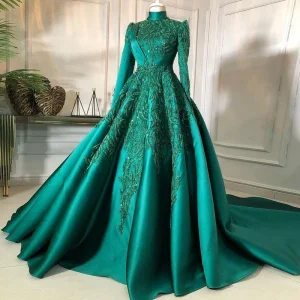 Robe de soirée en Satin personnalisée, arabie saoudite, col haut, manches longues, dentelle perlée, paillettes appliquées, robes de bal formelles