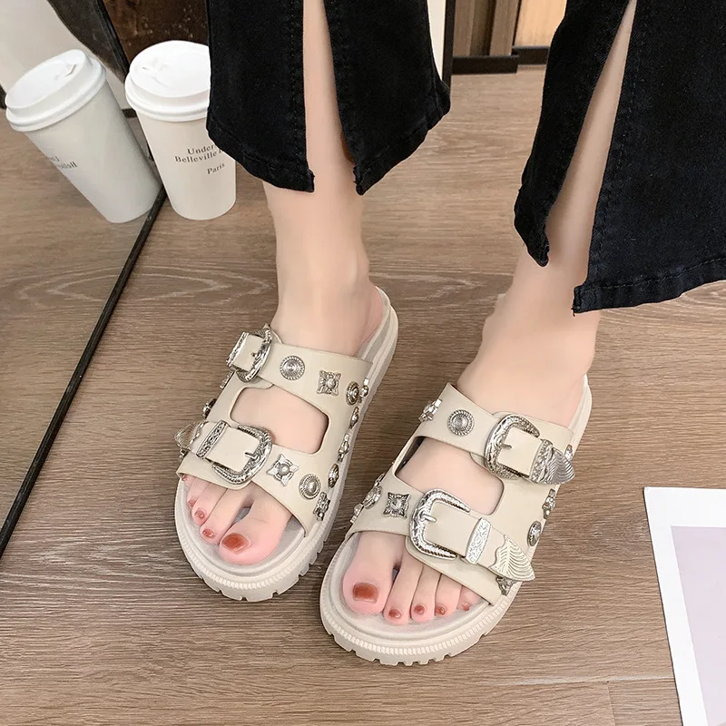 sandales noires pour femmes punk pantoufles cloutées boucle décor bout ouvert femmes chaussures plate forme confortable femmes chaussures de plage sandalias