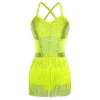 femmes strass latin tango danse justaucorps robe maille transparente patchwork à plusieurs niveaux gland frange une pièce body robe dancewear