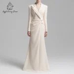 Robe de soirée élégante en crêpe à manches longues pour femmes, drapée à revers perlé, robe Maxi formelle, dubaï Abaya, robe d&rsquo;invitées de mariage personnalisée