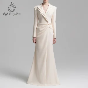 Robe de soirée élégante en crêpe à manches longues pour femmes, drapée à revers perlé, robe Maxi formelle, dubaï Abaya, robe d’invitées de mariage personnalisée Robe de soirée élégante en crêpe à manches longues pour femmes, drapée à revers perlé, robe Maxi formelle, dubaï Abaya, robe d’invitées de mariage personnalisée