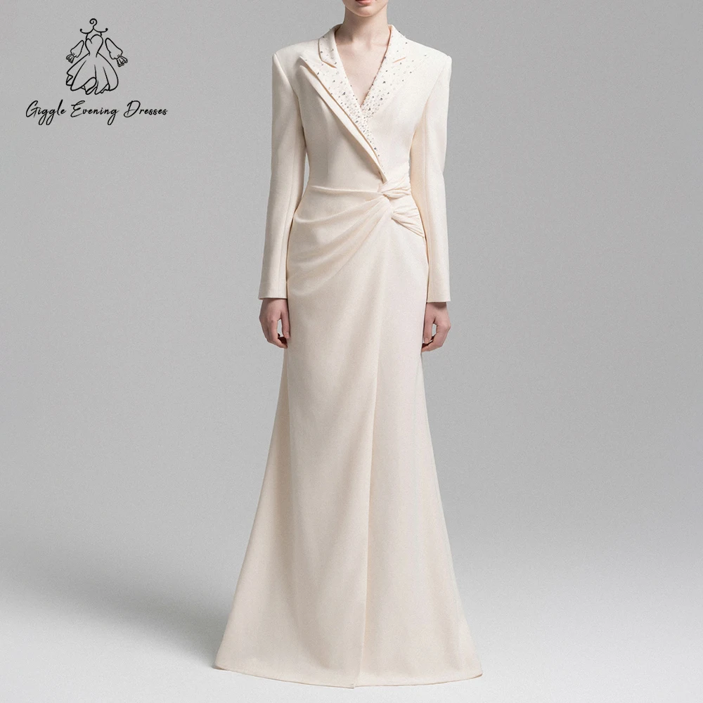 Robe de soirée élégante en crêpe à manches longues pour femmes, drapée à revers perlé, robe Maxi formelle, dubaï Abaya, robe d’invitées de mariage personnalisée Robe de soirée élégante en crêpe à manches longues pour femmes, drapée à revers perlé, robe Maxi formelle, dubaï Abaya, robe d’invitées de mariage personnalisée