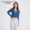 veste de sport à manches longues avec nombril pour femme, chemise de yoga, haut court, sexy, mince, fermeture éclair, gym, course à pied, sport, automne