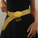 Ceinture à chaîne large ton or avec boucle ornée et glands de perles pendants, ceinture de taille à la mode pour robes, accessoire de fête élégant