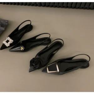 Sandales décontractées en cuir Pu pour femmes noires, mode fille, strass, talons plats à enfiler, bout pointu, élégantes, Slingback