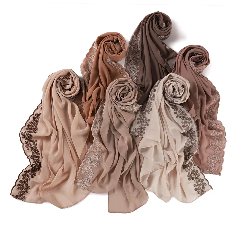 hijab en mousseline de soie à bulles florales brodées unies, châles à points en dentelle pour ramadan, foulard de protection solaire pour femmes, coupe vent pour l'extérieur