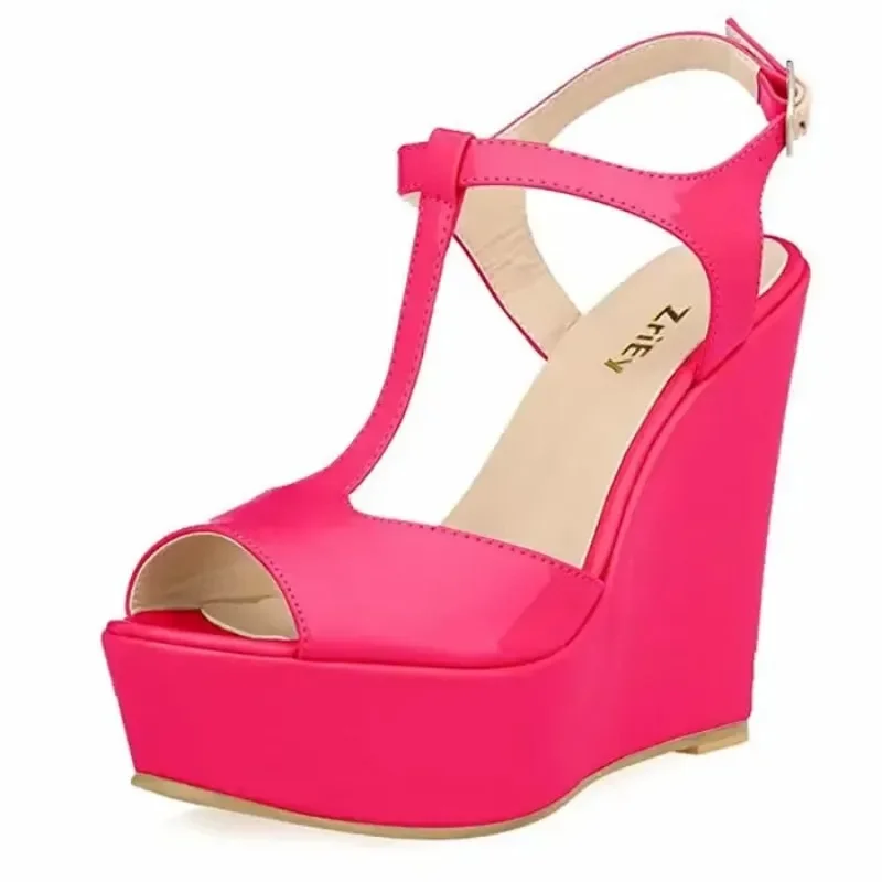 sandales à talons compensés pour femmes, escarpins à plateforme en cuir verni, bout ouvert de 14cm, lanière à la cheville, sexy, chaussures de fête et de mariage, nouvelle collection été 2025