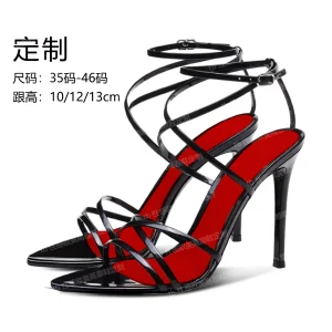 Sandales noires à bout pointu de 12cm, avec boucle droite et talons hauts à lanières croisées, nouvelle collection été européenne et américaine