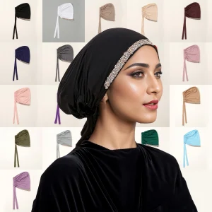 Hijab NikMusulman avec Strass Brillants pour Femme, Turban artificiel astique, Uni, Solide, Sous-Capuchons, Premium, Jersey Souple, Bande de Sauna