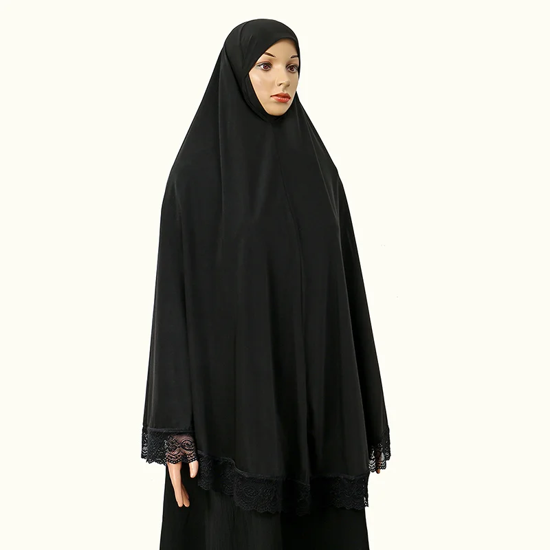 abayas musulmanes couverture complète bord en dentelle femmes noir vêtements couleur unie hijab instantané doux premuim coton chanvre ramadan robe de prière