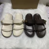 sandales plates d'été en cuir pour femmes, pantoufles à double boucle, sandales de plage décontractées, diapositives d'extérieur marron