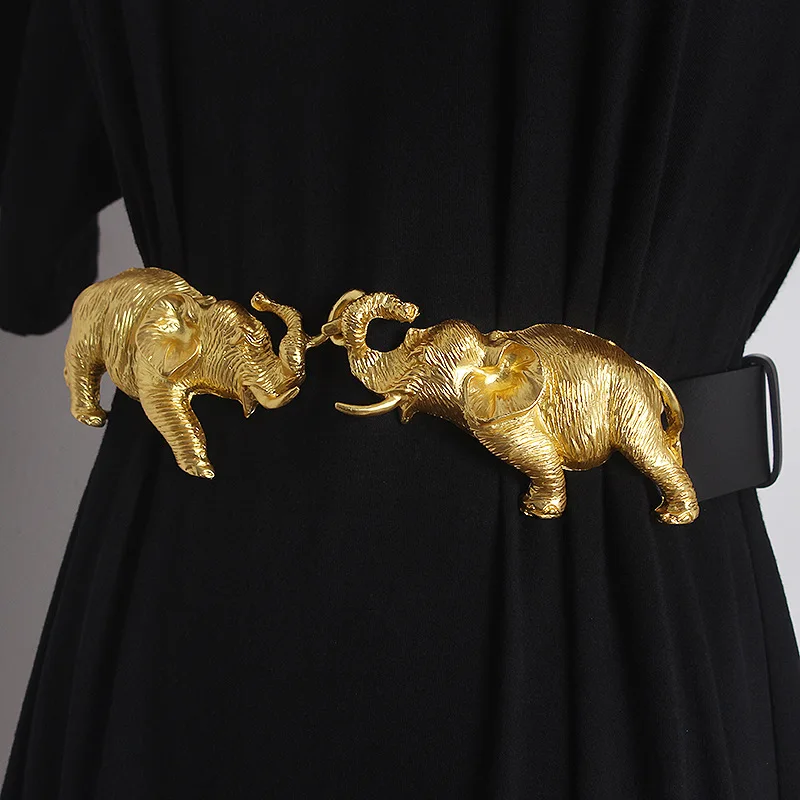 Ceintures en cuir véritable pour femmes, Corset de luxe de styliste, élastique, or, éléphant lourd, boucle en métal