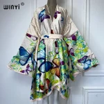 WINYI-Kimono avec ceinture pour femmes, cardigan imprimé, style boho, élégant, maxi, sexy, vêtements de plage, couverture africaine, robes de soirée, abaya