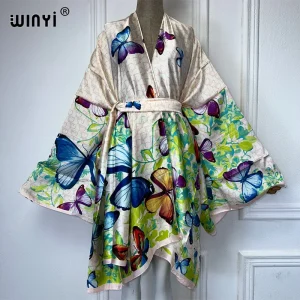 WINYI-Kimono avec ceinture pour femmes, cardigan imprimé, style boho, élégant, maxi, sexy, vêtements de plage, couverture africaine, robes de soirée, abaya