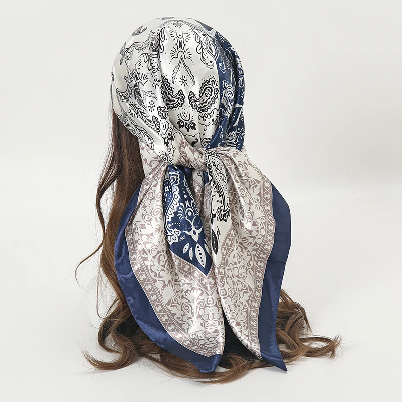 foulard carré en satin pour femmes musulmanes, hijab élégant, imprimé 2025, foulard en soie, châle, bandeau, poignée, accessoires pour cheveux, bandana
