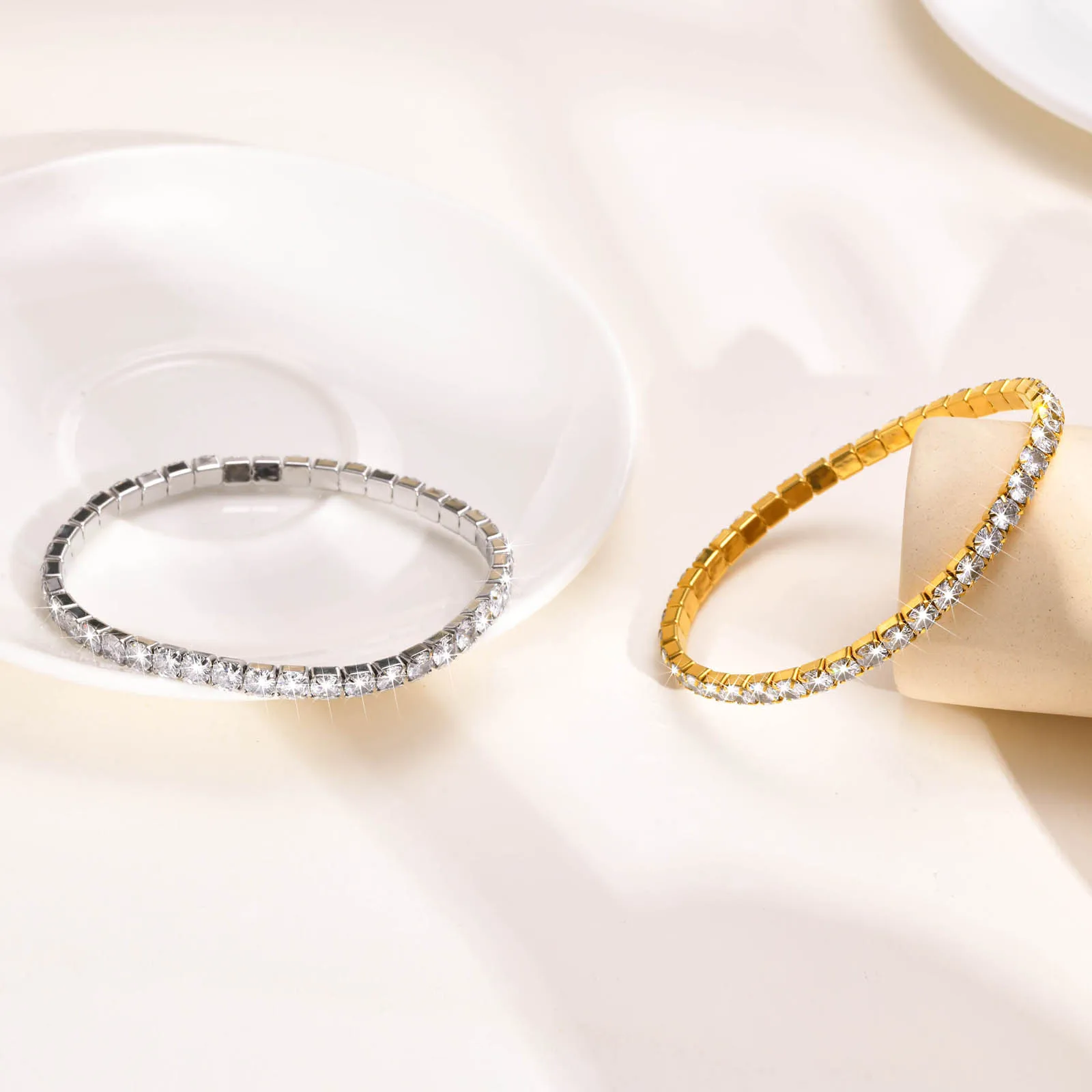 Bracelet de Tennis élastique en acier inoxydable pour femmes, plaqué or, chaîne à maillons minimalistes, bijoux