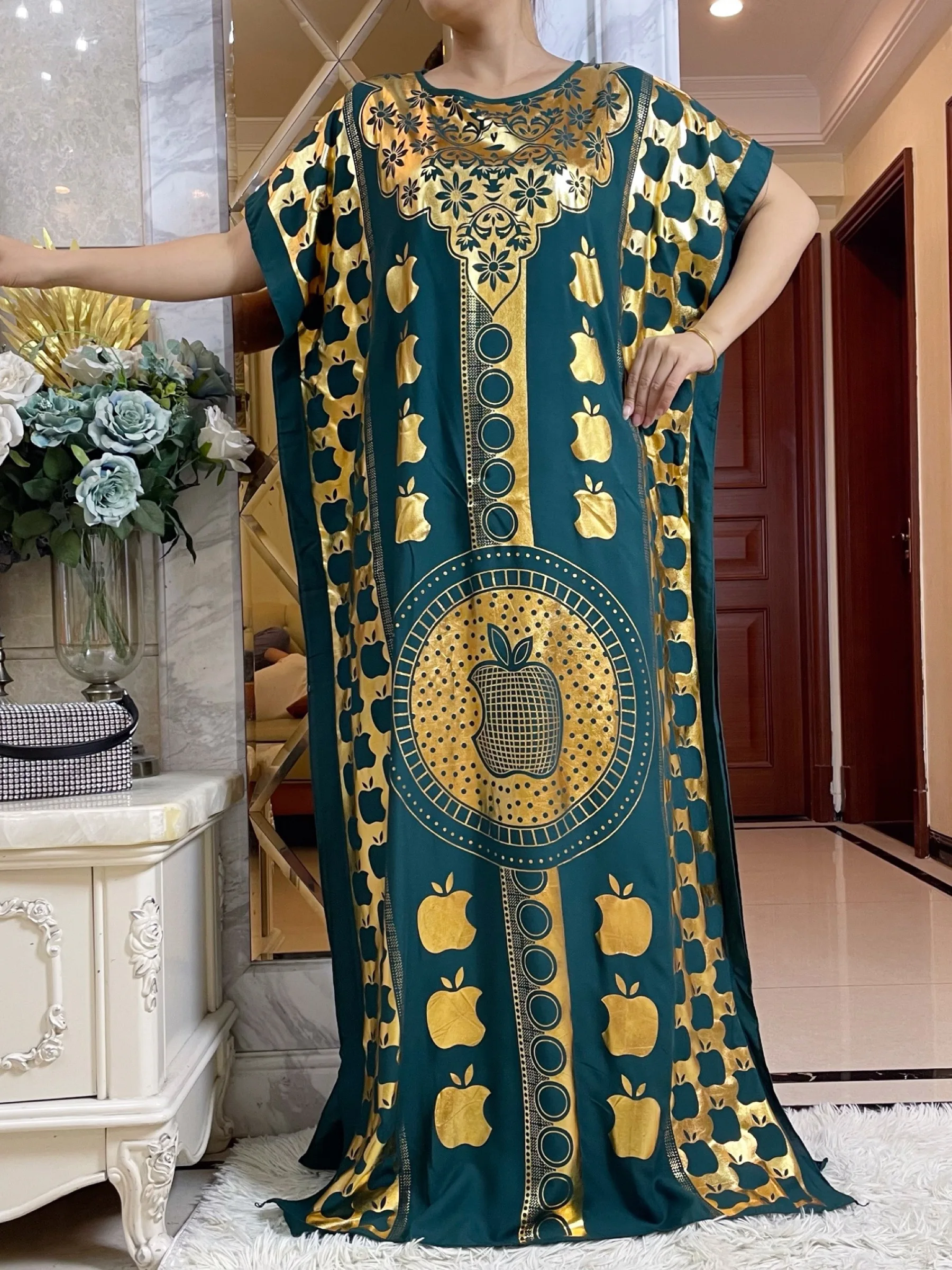 robe d'été en coton à manches courtes pour femme, boubou, maxi islam, grande écharpe, africain, abaya, estampage doré, design pomme, nouveau