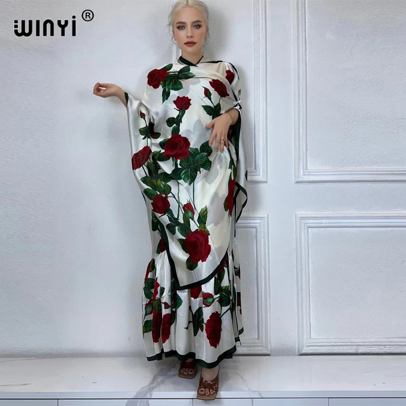 winyi robe de soirée élégante pour femmes musulmanes, abaya dubaï, kaftan ample imprimé avec écharpe, deux pièces, été