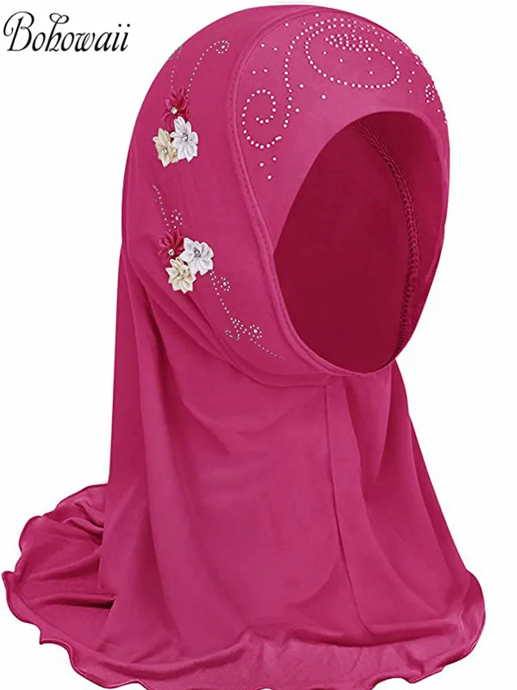 bohowaii enfants filles musulman instantané hijab prêt à porter châles islamiques turban avec fleurs écharpes jersey bandeau (2 7 ans)